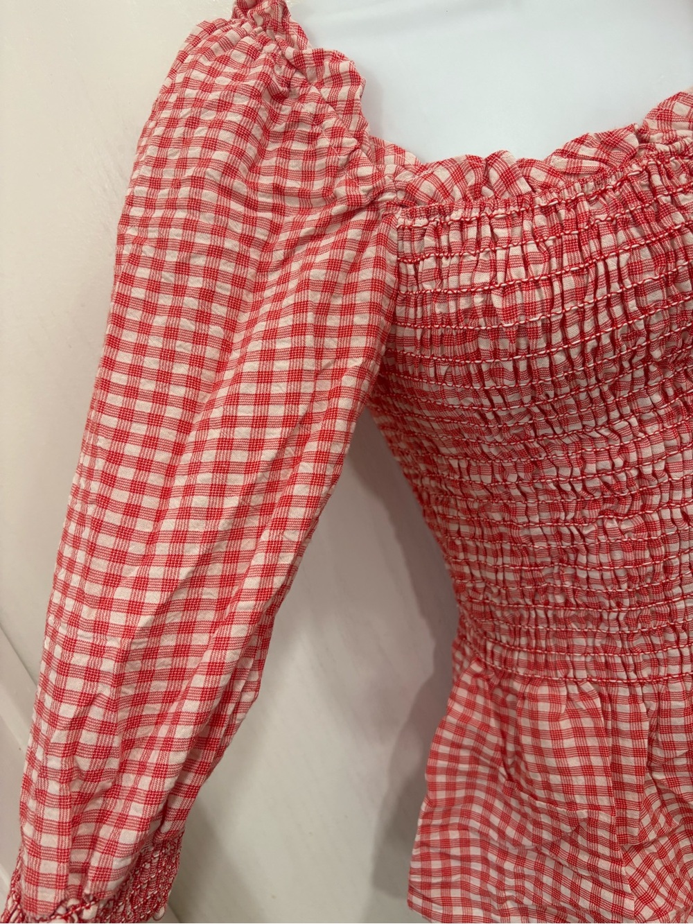 Nicole miller Western country peasant picnic Smocked Red Gingham Peplum Top - Picture 7 of 7